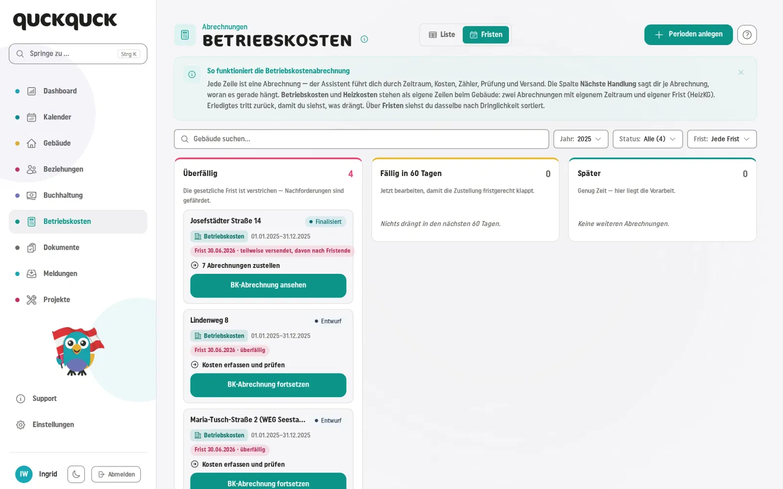 Fristen-Ampel und Statusübersicht der Betriebskostenläufe