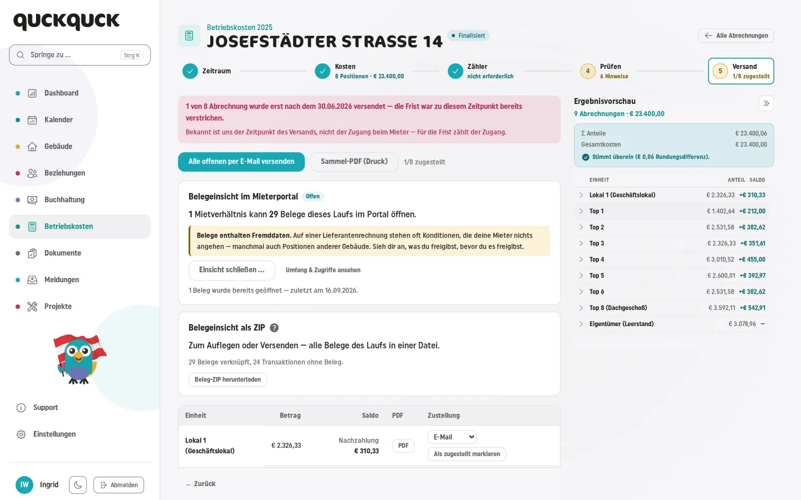 Betriebskosten-Wizard in QuckQuck: Schritte Zeitraum, Kosten, Zähler, Prüfung, Zustellung
