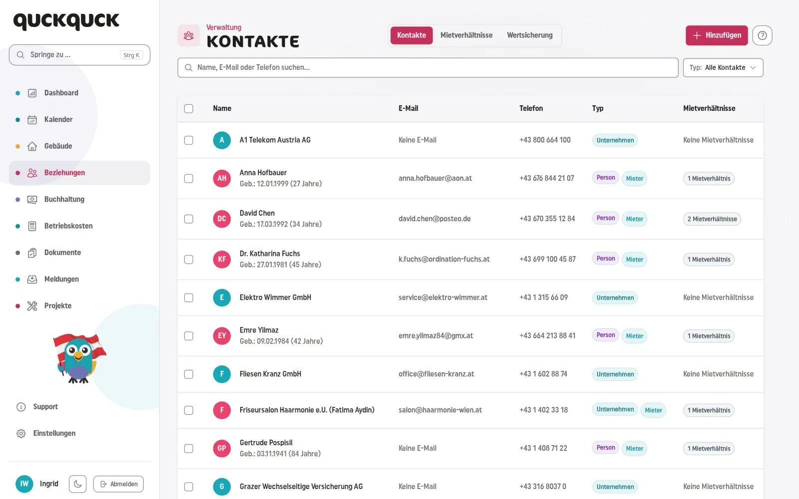 Kontakte in QuckQuck: Mieter, Auftragnehmer und andere Kontakte mit Adressen