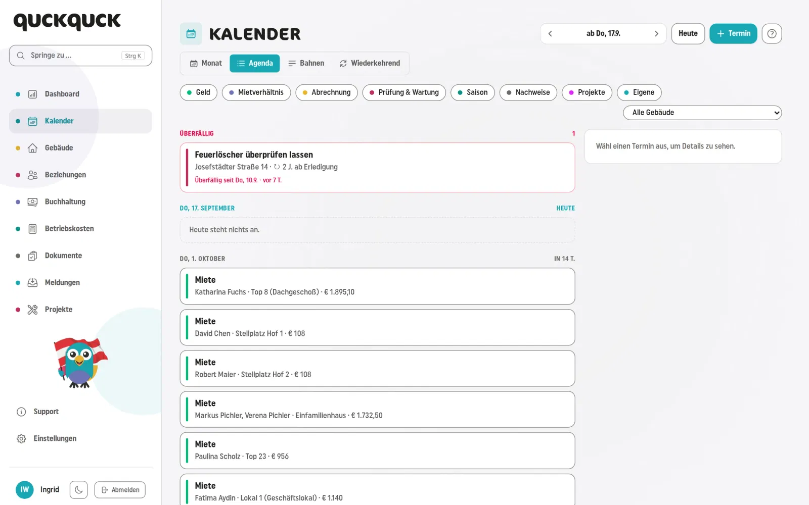 Agenda-Ansicht des Kalenders: kommende Termine als Liste