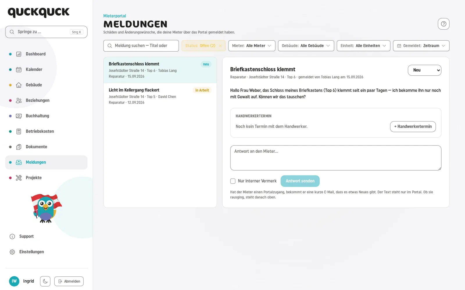 Posteingang „Meldungen“ in QuckQuck mit Schadensmeldung, Fotos und Handwerkertermin