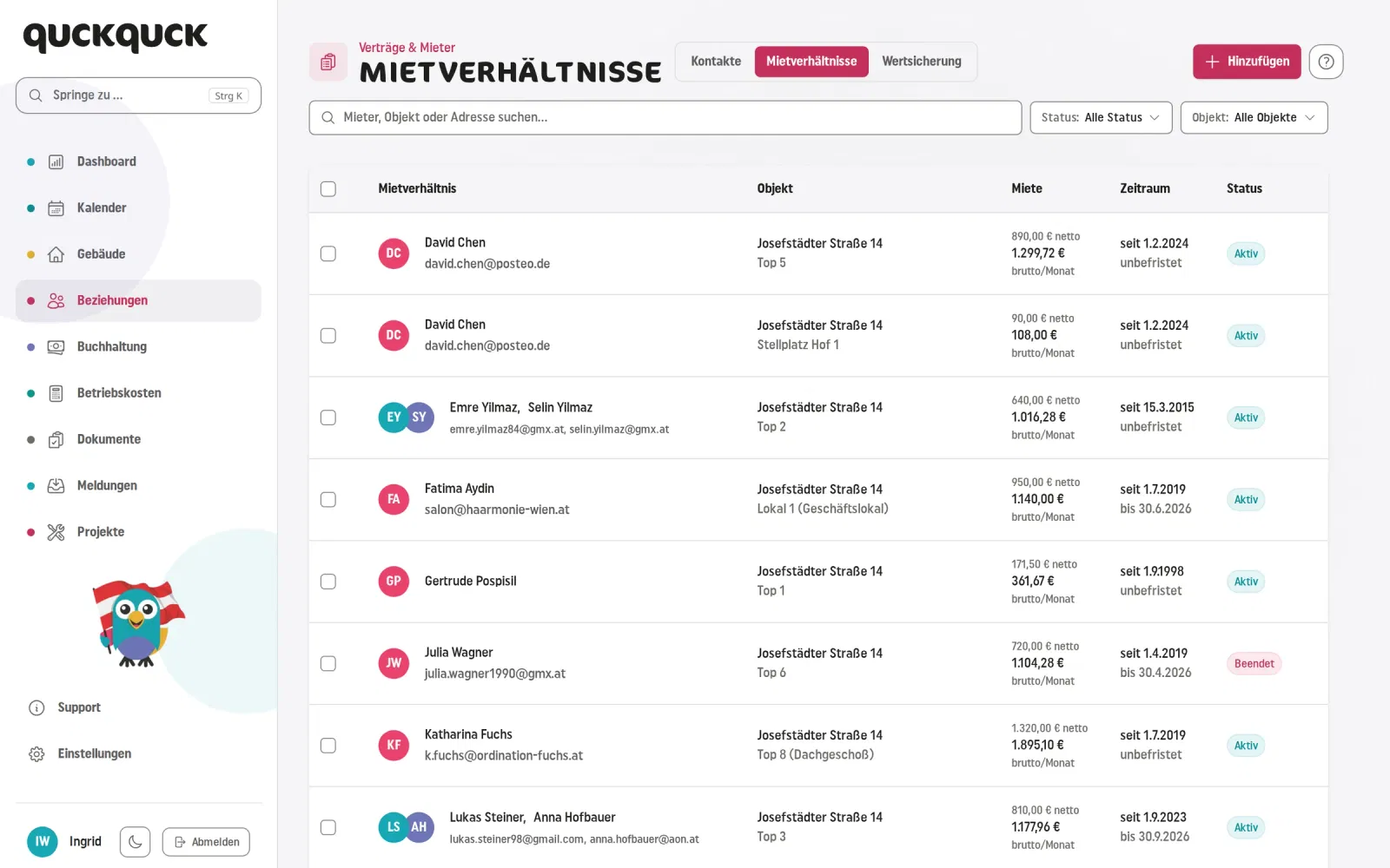 Liste der Mietverhältnisse in QuckQuck mit Rechtsrahmen, Befristung und Status