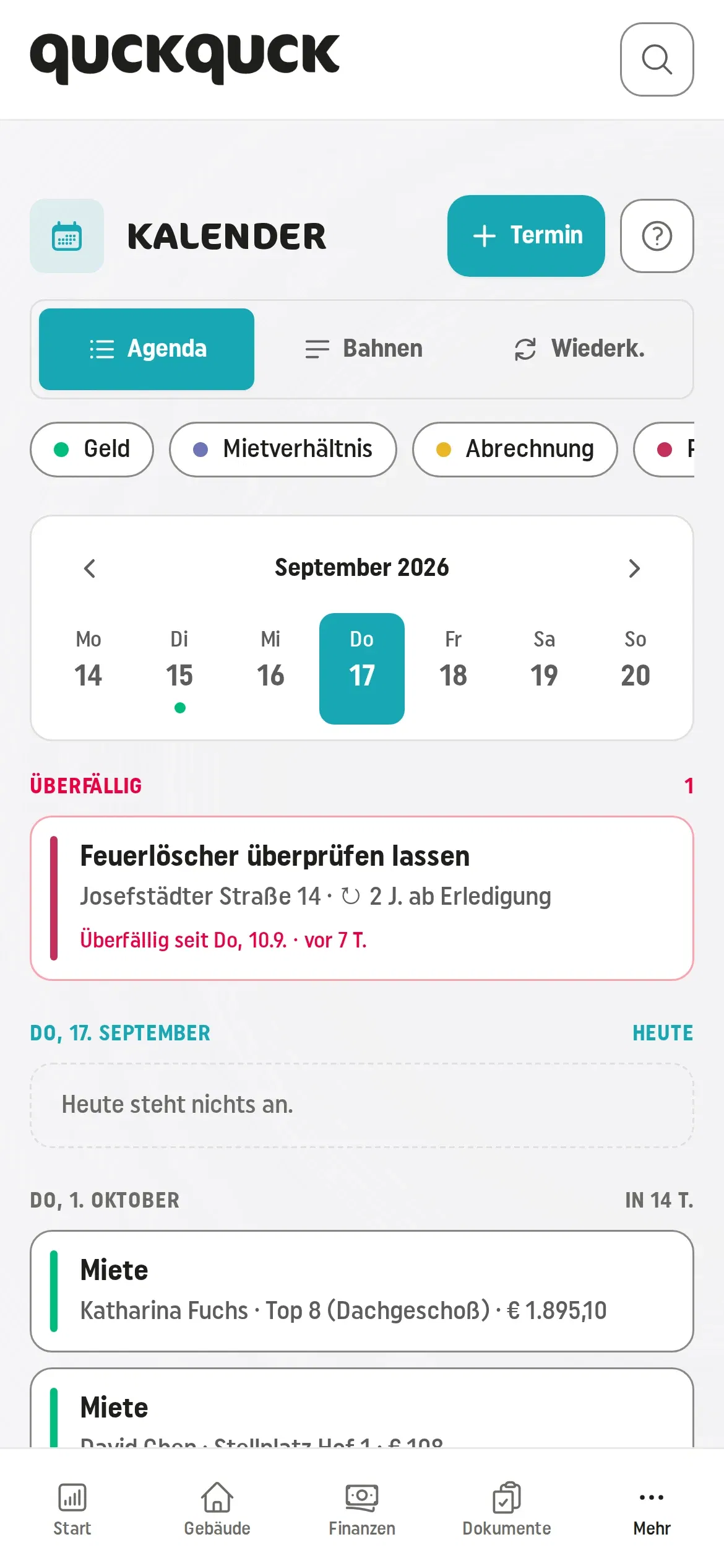 Kalender am Handy: Liste „Als Nächstes“ mit den kommenden Terminen