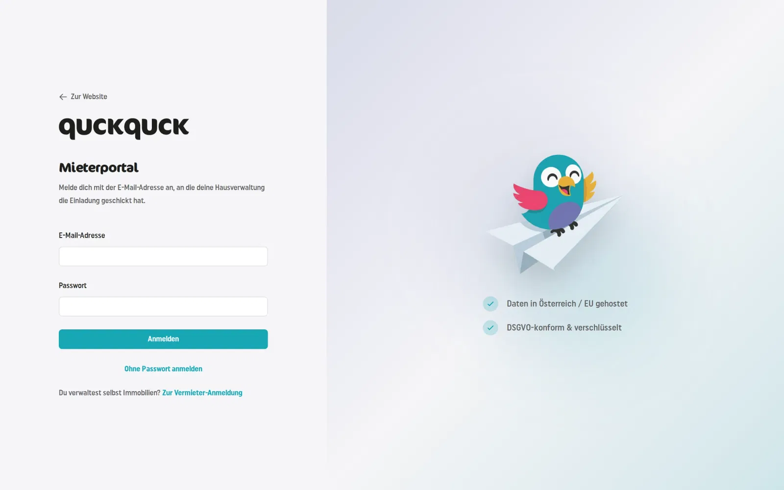 Login-Seite des Mieterportals mit Anmeldung per E-Mail oder Anmeldelink