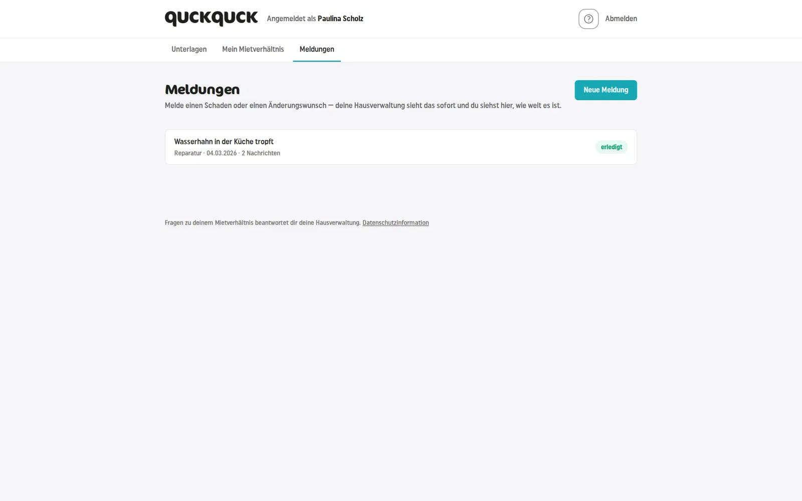 Meldungen im Mieterportal: Schadensmeldung mit Fotos, Status und Kommentaren