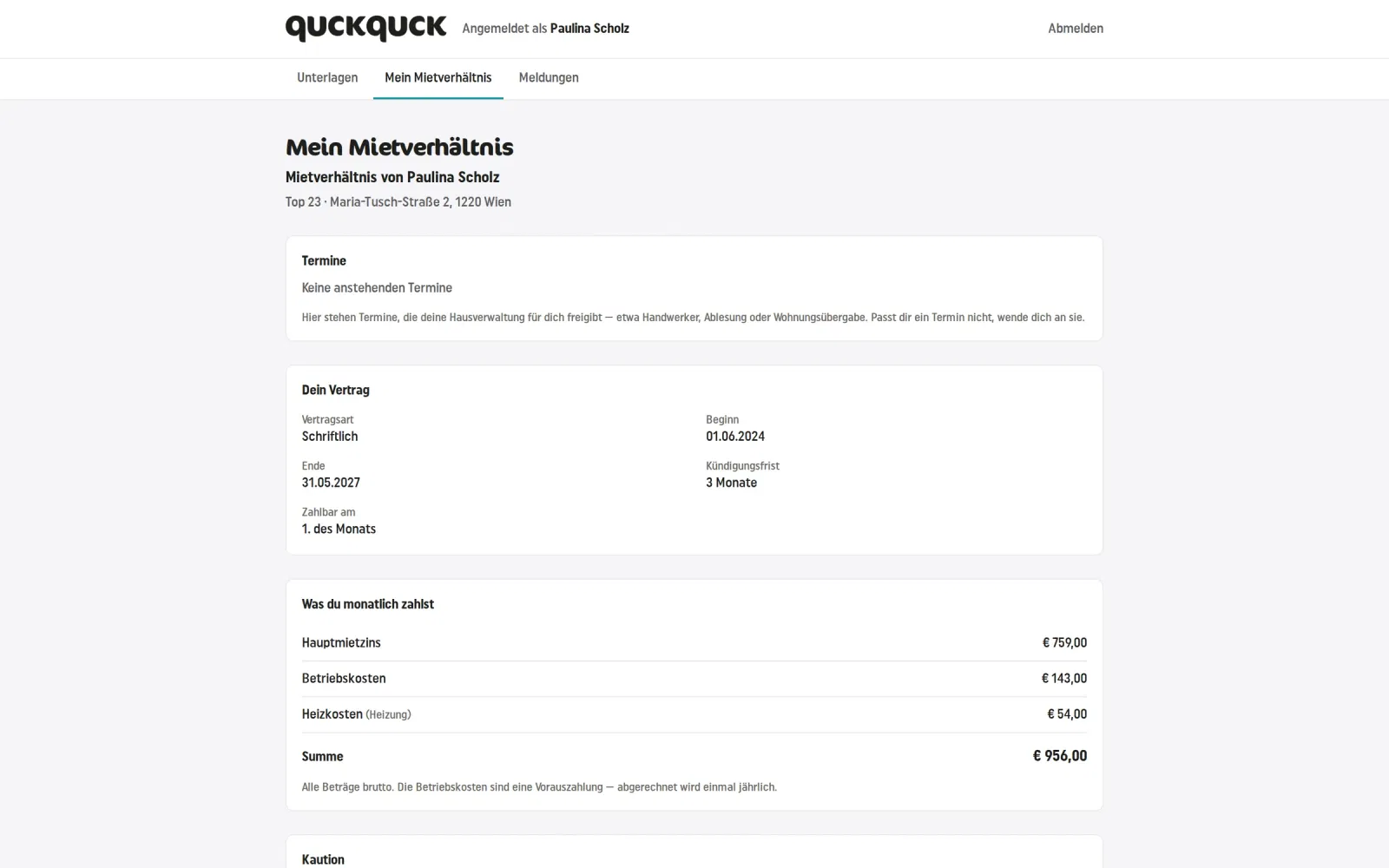 Mieterportal: Ansicht „Mein Mietverhältnis"